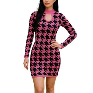 Pink Black Mock Neck Houndstooth Keyhole Sweater Dress Size 1X